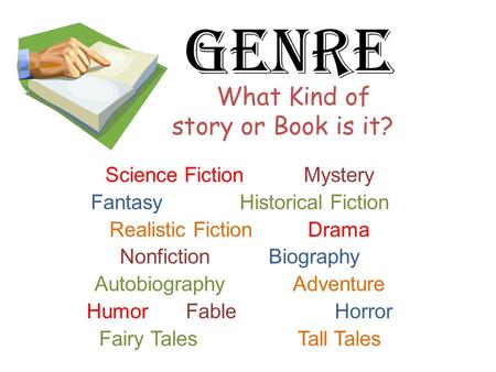 Genre Science FictionMystery FantasyHistorical Fiction Realistic FictionDrama NonfictionBiography AutobiographyAdventure HumorFableHorror Fairy TalesTall.