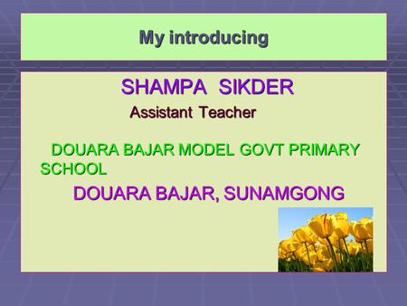 My introducing SHAMPA SIKDER SHAMPA SIKDER Assistant Teacher Assistant Teacher DOUARA BAJAR MODEL GOVT PRIMARY SCHOOL DOUARA BAJAR MODEL GOVT PRIMARY SCHOOL.