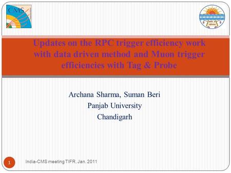 Archana Sharma, Suman Beri Panjab University Chandigarh India-CMS meeting TIFR, Jan. 2011 1 Updates on the RPC trigger efficiency work with data driven.
