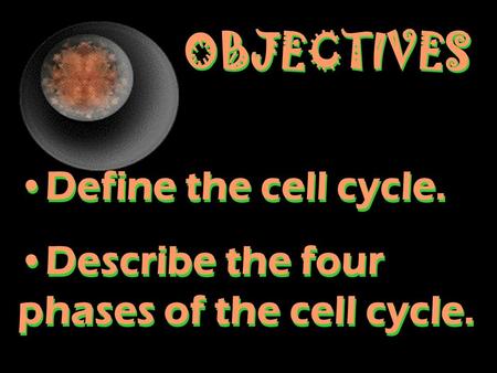 OBJECTIVES Define the cell cycle. Describe the four phases of the cell cycle. Define the cell cycle. Describe the four phases of the cell cycle.