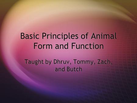 Basic Principles of Animal Form and Function Taught by Dhruv, Tommy, Zach, and Butch.