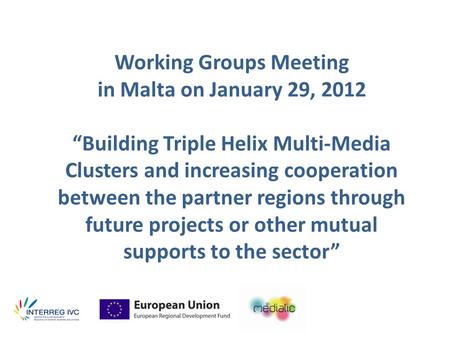 Working Groups Meeting in Malta on January 29, 2012 “Building Triple Helix Multi-Media Clusters and increasing cooperation between the partner regions.