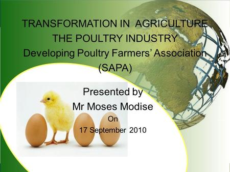 TRANSFORMATION IN AGRICULTURE THE POULTRY INDUSTRY Developing Poultry Farmers’ Association (SAPA) Presented by Mr Moses Modise On 17 September 2010.