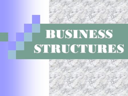 BUSINESS STRUCTURES. Types of Business Structures Sole Proprietor Partnership  General Partnership  Limited Partnership  Limited Liability Partnership.