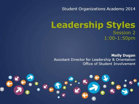 Student Organizations Academy 2014 Leadership Styles Session 2 1:00-1:50pm Molly Dugan Assistant Director for Leadership & Orientation Office of Student.
