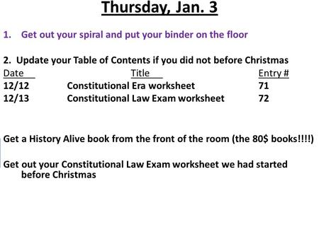 Thursday, Jan. 3 1.Get out your spiral and put your binder on the floor 2. Update your Table of Contents if you did not before Christmas DateTitleEntry.