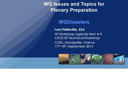 Ivan Petiteville, ESA SIT Workshop Agenda Item # 8 CEOS SIT Technical Workshop CNES, Montpellier, France 17 th -18 th September 2014 WG Issues and Topics.