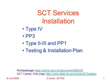 8 June 2006A.Ciocio - SCTSG1 SCT Services Installation Type IV PP3 Type II-III and PP1 Testing & Installation Plan Workpackage https://edms.cern.ch/document/593278/https://edms.cern.ch/document/593278/