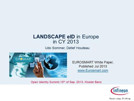 12.00.012.08.9 7.18 9.20 8.60 6.40 5.00 6.40 6.80 6.20 LANDSCAPE eID in Europe in CY 2013 Udo Sommer, Detlef Houdeau Open Identity Summit,10 th of Sep.