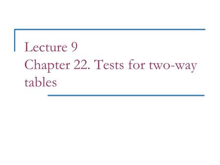 Lecture 9 Chapter 22. Tests for two-way tables. Objectives The chi-square test for two-way tables (Award: NHST Test for Independence)  Two-way tables.