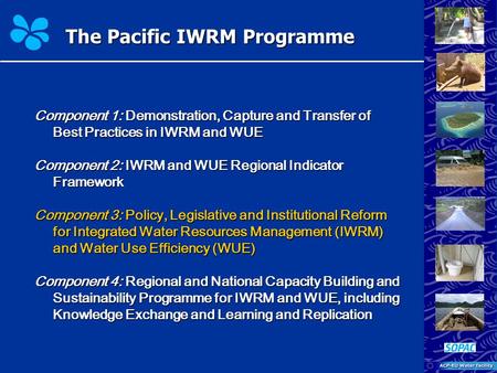 The Pacific IWRM Programme Component 1: Demonstration, Capture and Transfer of Best Practices in IWRM and WUE Component 2: IWRM and WUE Regional Indicator.