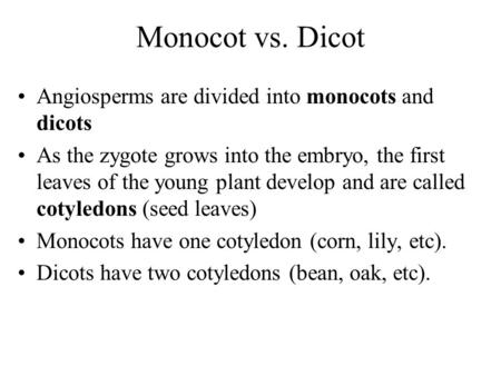 Monocot vs. Dicot Angiosperms are divided into monocots and dicots