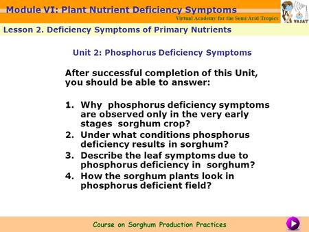 After successful completion of this Unit, you should be able to answer: 1.Why phosphorus deficiency symptoms are observed only in the very early stages.