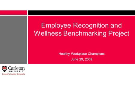 Employee Recognition and Wellness Benchmarking Project Healthy Workplace Champions June 29, 2009.