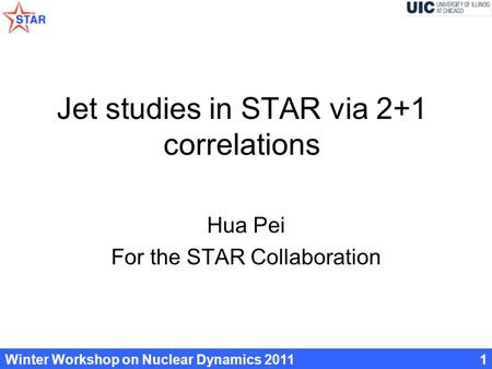 Winter Workshop on Nuclear Dynamics 20111 Jet studies in STAR via 2+1 correlations Hua Pei For the STAR Collaboration.
