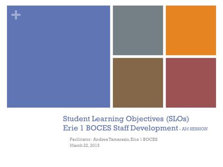 + Student Learning Objectives (SLOs) Erie 1 BOCES Staff Development - AM SESSION Facilitator: Andrea Tamarazio, Erie 1 BOCES March 22, 2013.