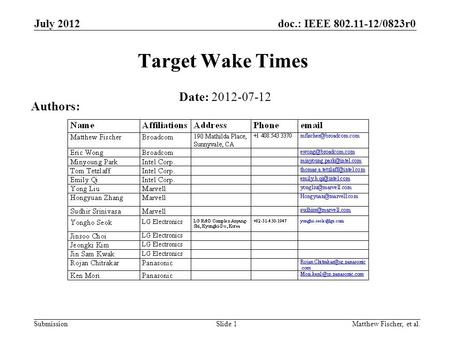 Target Wake Times Date: Authors: July 2012 Month Year
