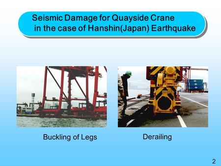 Seismic Damage for Quayside Crane in the case of Hanshin(Japan) Earthquake The earthquake that struck Hyogo Prefecture, Japan in 1995 caused breakage.