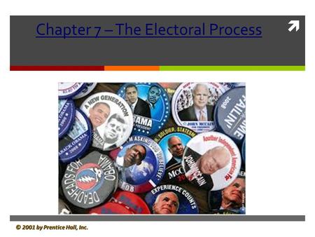  © 2001 by Prentice Hall, Inc. Chapter 7 – The Electoral Process.