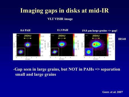 Imaging gaps in disks at mid-IR VLT VISIR image 8.6 PAH 11.3 PAH 19.8  m large grains => gap! Geers et al. 2007 IRS48 -Gap seen in large grains, but NOT.