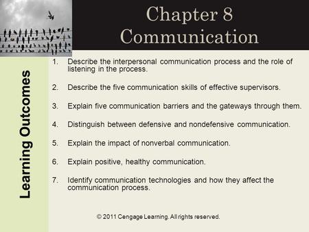 Learning Outcomes © 2011 Cengage Learning. All rights reserved. Chapter 8 Communication Learning Outcomes 1.Describe the interpersonal communication process.