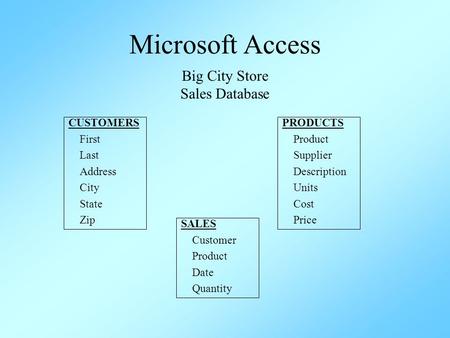 Microsoft Access Big City Store Sales Database CUSTOMERS First Last Address City State Zip PRODUCTS Product Supplier Description Units Cost Price SALES.