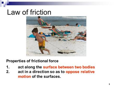 1 Law of friction Properties of frictional force surface between two bodies 1.act along the surface between two bodies oppose relative motion 2.act in.