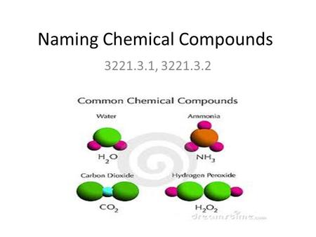 Naming Chemical Compounds 3221.3.1, 3221.3.2. Objectives TLW write chemical formulas of ionic and molecular compounds. TLW name chemical compounds using.