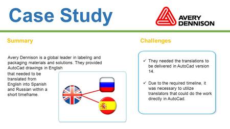 Case Study SummaryChallenges Avery Dennison is a global leader in labeling and packaging materials and solutions. They provided AutoCad drawings in English.