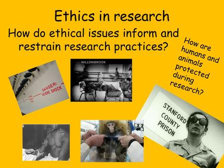 Ethics in research How do ethical issues inform and restrain research practices? How are humans and animals protected during research?