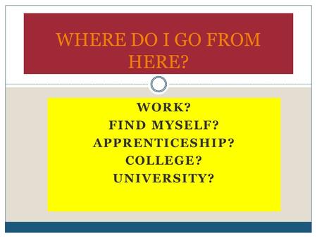WORK? FIND MYSELF? APPRENTICESHIP? COLLEGE? UNIVERSITY? WHERE DO I GO FROM HERE?