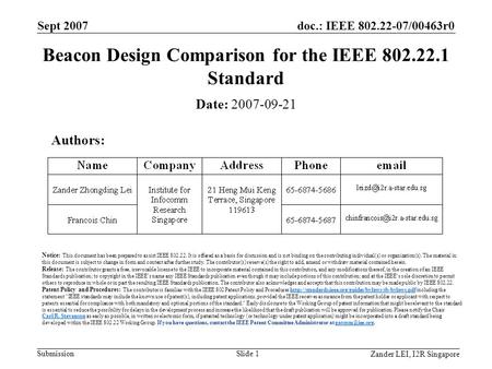 Doc.: IEEE 802.22-07/00463r0 Submission Zander LEI, I2R Singapore Sept 2007 Slide 1 Beacon Design Comparison for the IEEE 802.22.1 Standard Date: 2007-09-21.