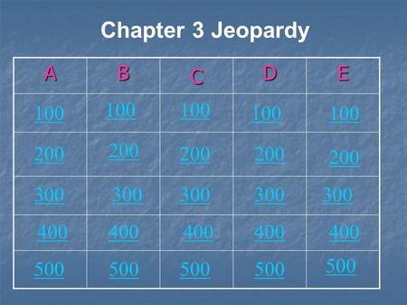 AB C DE Chapter 3 Jeopardy 200 100 200 300300 100 200 300 400 500 300 400.