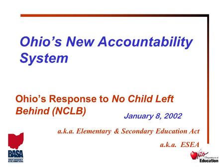 Ohio’s New Accountability System Ohio’s Response to No Child Left Behind (NCLB) a.k.a. Elementary & Secondary Education Act a.k.a. ESEA January 8, 2002.