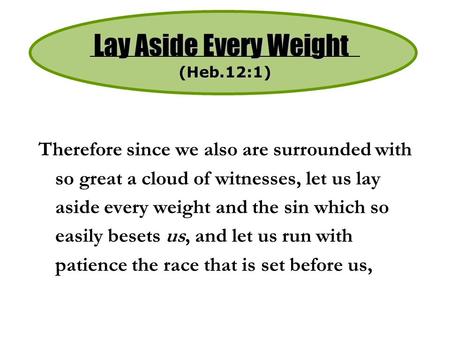 Therefore since we also are surrounded with so great a cloud of witnesses, let us lay aside every weight and the sin which so easily besets us, and let.