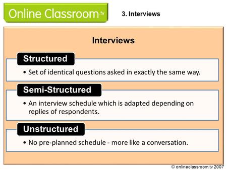 Set of identical questions asked in exactly the same way. Structured An interview schedule which is adapted depending on replies of respondents. Semi-Structured.