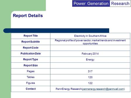 BI Marketing Analyst input into report marketing Report TitleElectricity in Southern Africa Report Subtitle Regional profile of power sector, market trends.