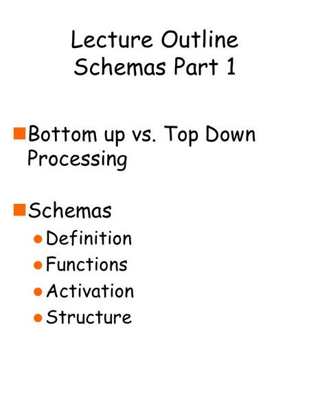 Lecture Outline Schemas Part 1 nBottom up vs. Top Down Processing nSchemas l Definition l Functions l Activation l Structure.