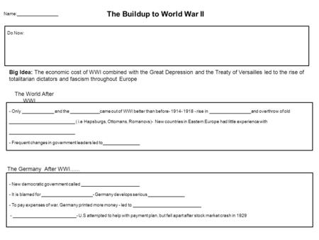 Name:_________________ The Buildup to World War II Do Now: Big Idea: The economic cost of WWI combined with the Great Depression and the Treaty of Versailles.