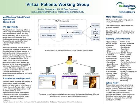 MedBiquitous Virtual Patient Specification Status: Draft The opportunity Virtual patients are notoriously difficult to author, adapt and exchange. Historically.