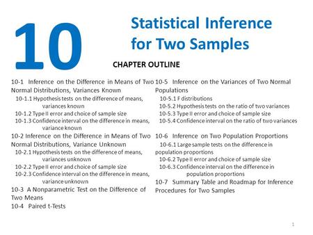 1 10 Statistical Inference for Two Samples 10-1 Inference on the Difference in Means of Two Normal Distributions, Variances Known 10-1.1 Hypothesis tests.