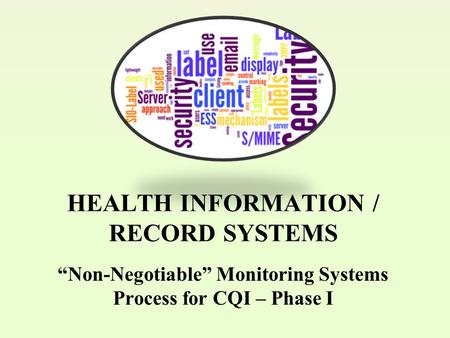 HEALTH INFORMATION / RECORD SYSTEMS “Non-Negotiable” Monitoring Systems Process for CQI – Phase I.