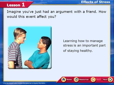 Lesson 1 Imagine you ’ ve just had an argument with a friend. How would this event affect you? Learning how to manage stress is an important part of staying.