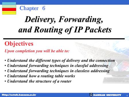HANNAM UNIVERSITY  1 Chapter 6 Upon completion you will be able to: Delivery, Forwarding, and Routing of IP Packets Understand.