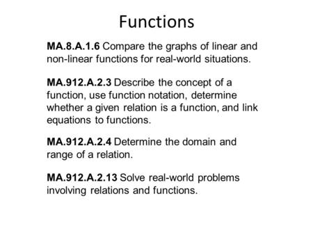 Functions MA.8.A.1.6 Compare the graphs of linear and non-linear functions for real-world situations. MA.912.A.2.3 Describe the concept of a function,
