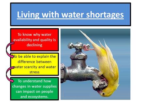 Living with water shortages To know why water availability and quality is declining To be able to explain the difference between water scarcity and water.