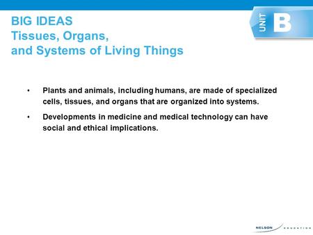 BIG IDEAS Tissues, Organs, and Systems of Living Things Plants and animals, including humans, are made of specialized cells, tissues, and organs that.