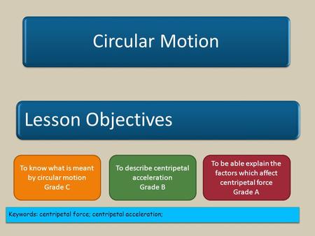 Lesson Objectives Circular Motion Keywords: centripetal force; centripetal acceleration; To know what is meant by circular motion Grade C To describe centripetal.