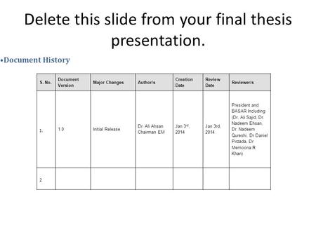 Delete this slide from your final thesis presentation. S. No. Document Version Major ChangesAuthor/s Creation Date Review Date Reviewer/s 1. 1.0Initial.