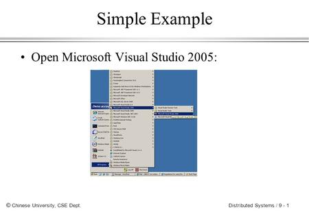 © Chinese University, CSE Dept. Distributed Systems / 9 - 1 Simple Example Open Microsoft Visual Studio 2005: